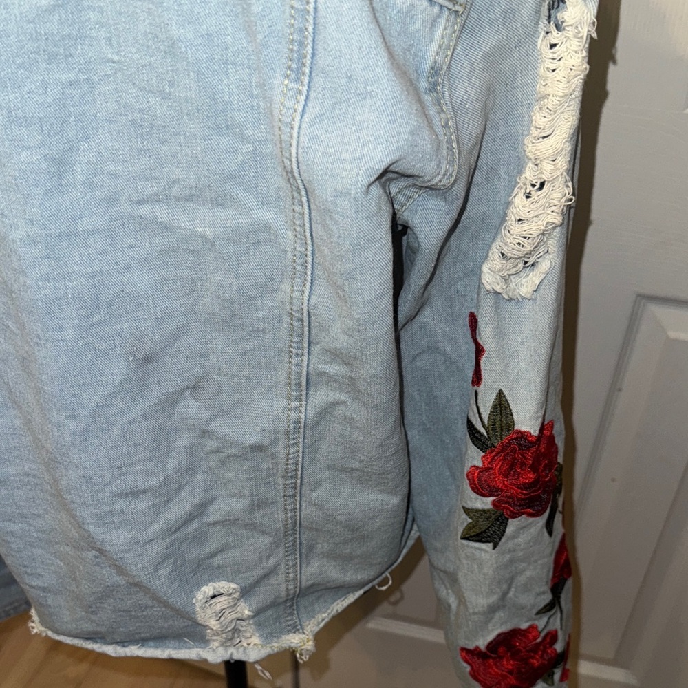 Say What? Light Blue Denim Jacket with Red Floral Accents - Picture 7 of 9